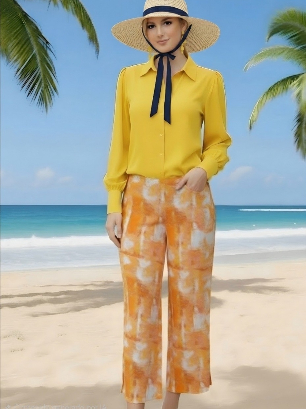 Susan Graver Women Yellow Button-Front Blouse with Orange Tie-Dye Cropped Pants